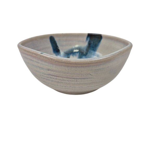 Handmade Stoneware Pottery Bowl Blue Gray Brushstroke Design Small Dish Glazed - Picture 4 of 10